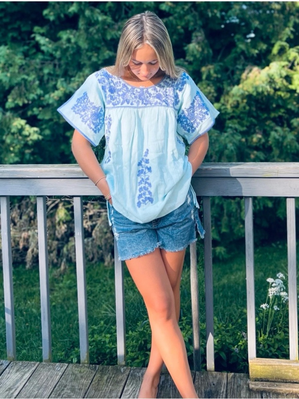 Light Blue Embroidered Boho Peasant Blouse - Women's